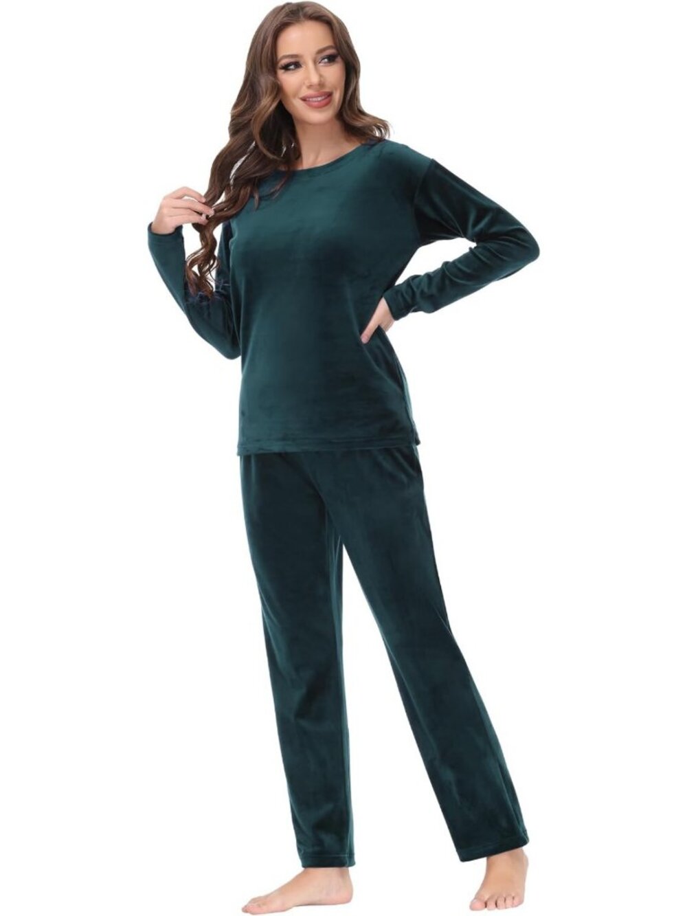 Chic Women's Velour Tracksuit Set - Cozy Crewneck Top & Straight Leg Pants